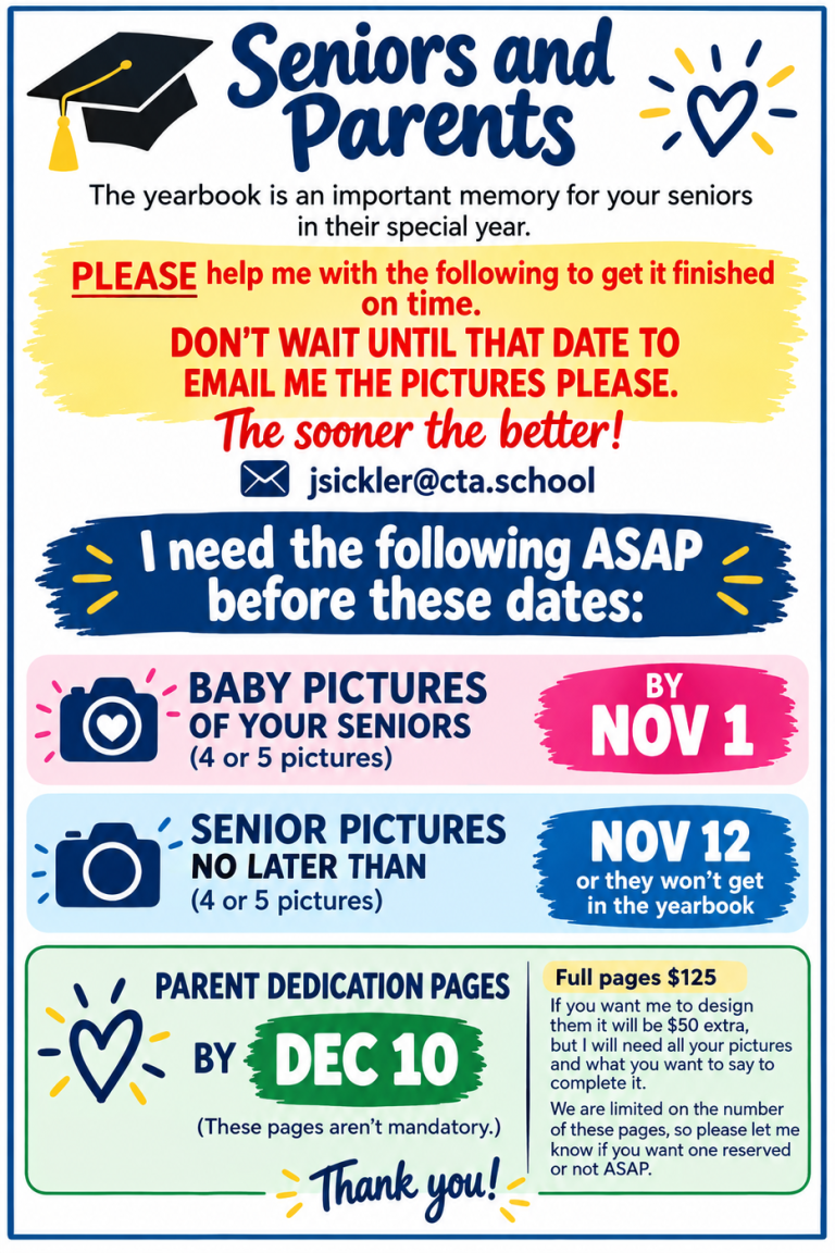 Yearbook flyer for seniors and parents listing picture deadlines: baby pictures by November 1, senior pictures by November 12, parent dedication pages by December 10