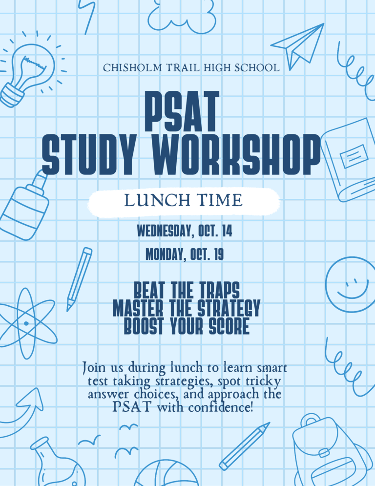 Flyer for the PSAT Study Workshop at lunch time on Wednesday, October 14 and Monday, October 19
