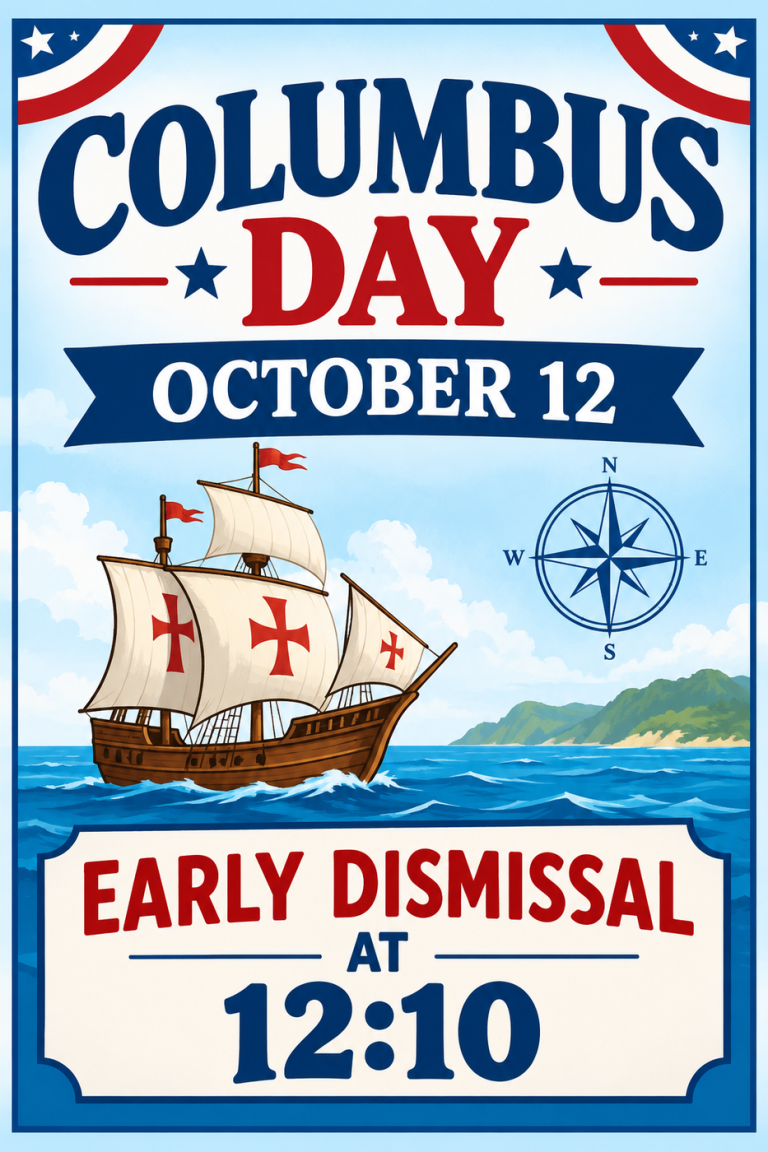Columbus Day flyer: October 12, early dismissal at 12:10, with a sailing ship and compass